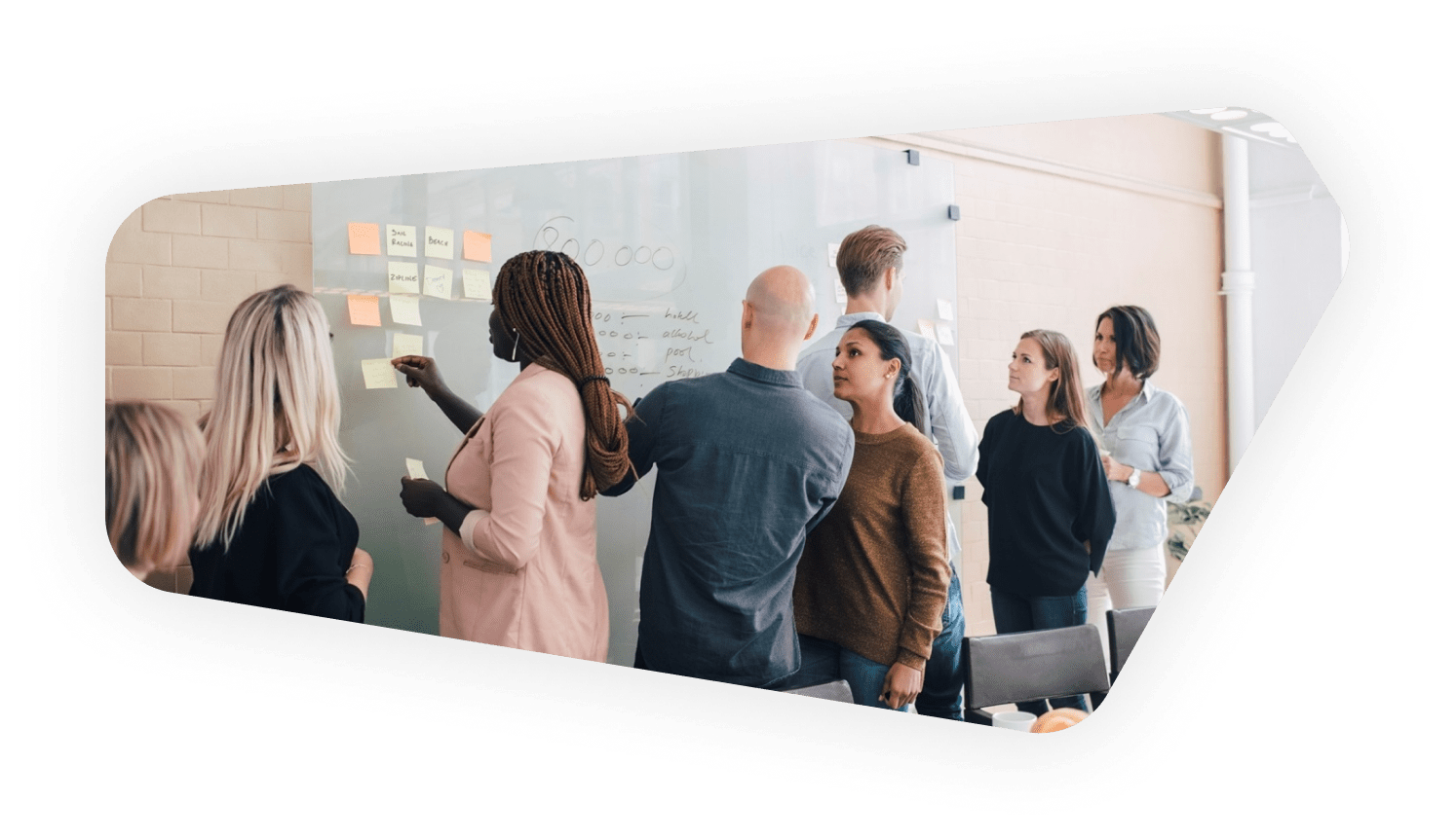 white-board-team-work A team gathered around a whiteboard filled with notes and diagrams, collaborating and discussing ideas during a brainstorming session.